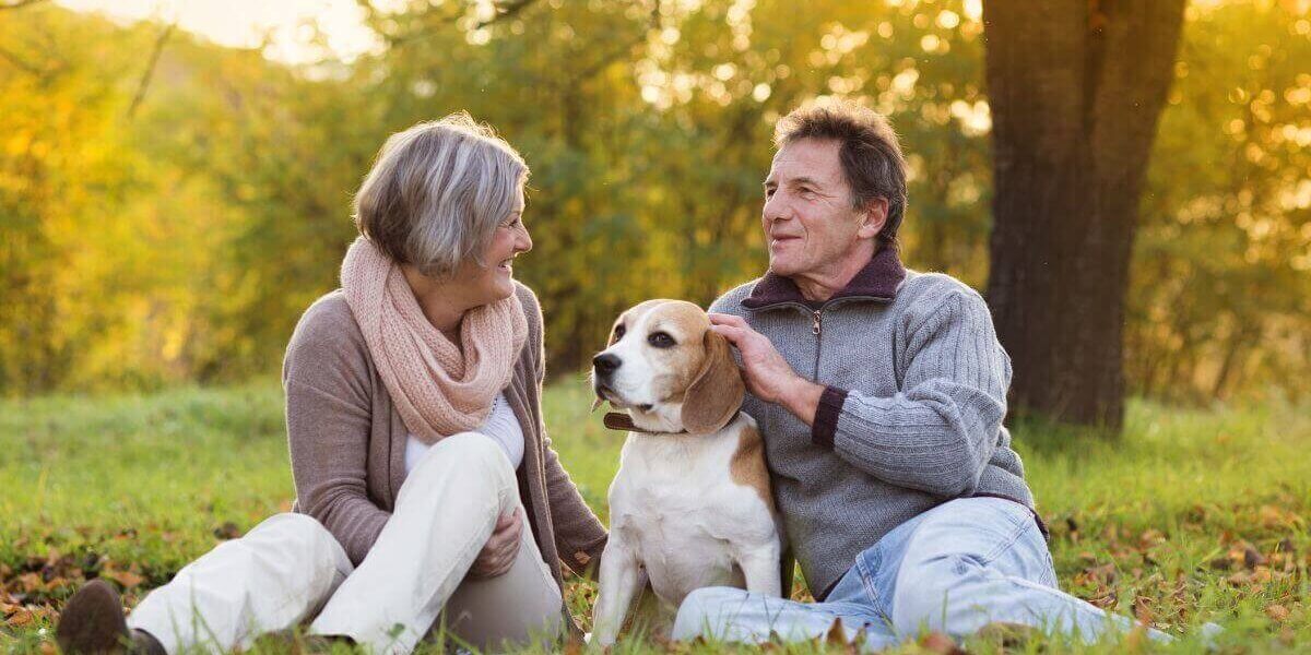 Happy older couple sitting on grass with their dog, enjoying the outdoors.
